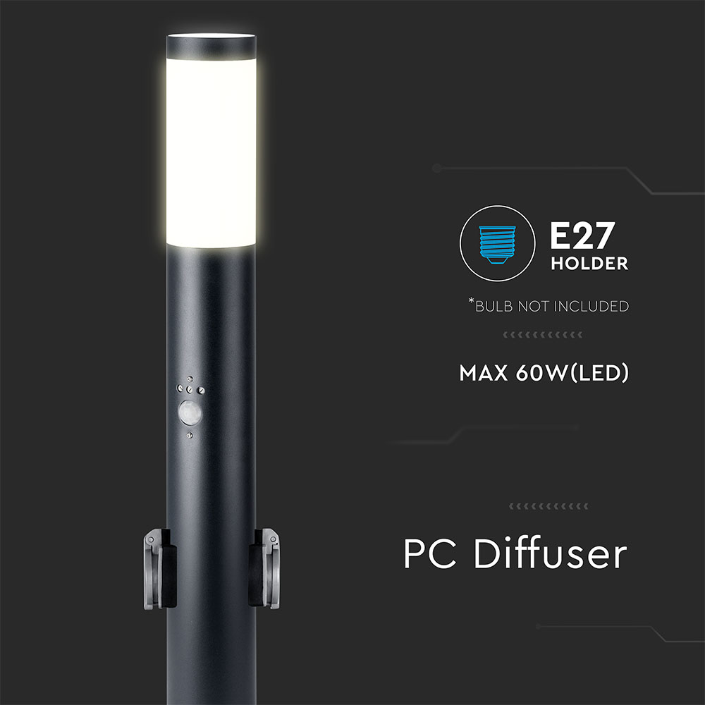 Bollard Lamp 60CM  PIR Sensor With 2 EU Plug Sockets  Stainless Steel Black IP44 img 1