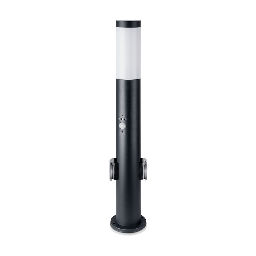 Bollard Lamp 60CM  PIR Sensor With 2 EU Plug Sockets  Stainless Steel Black IP44