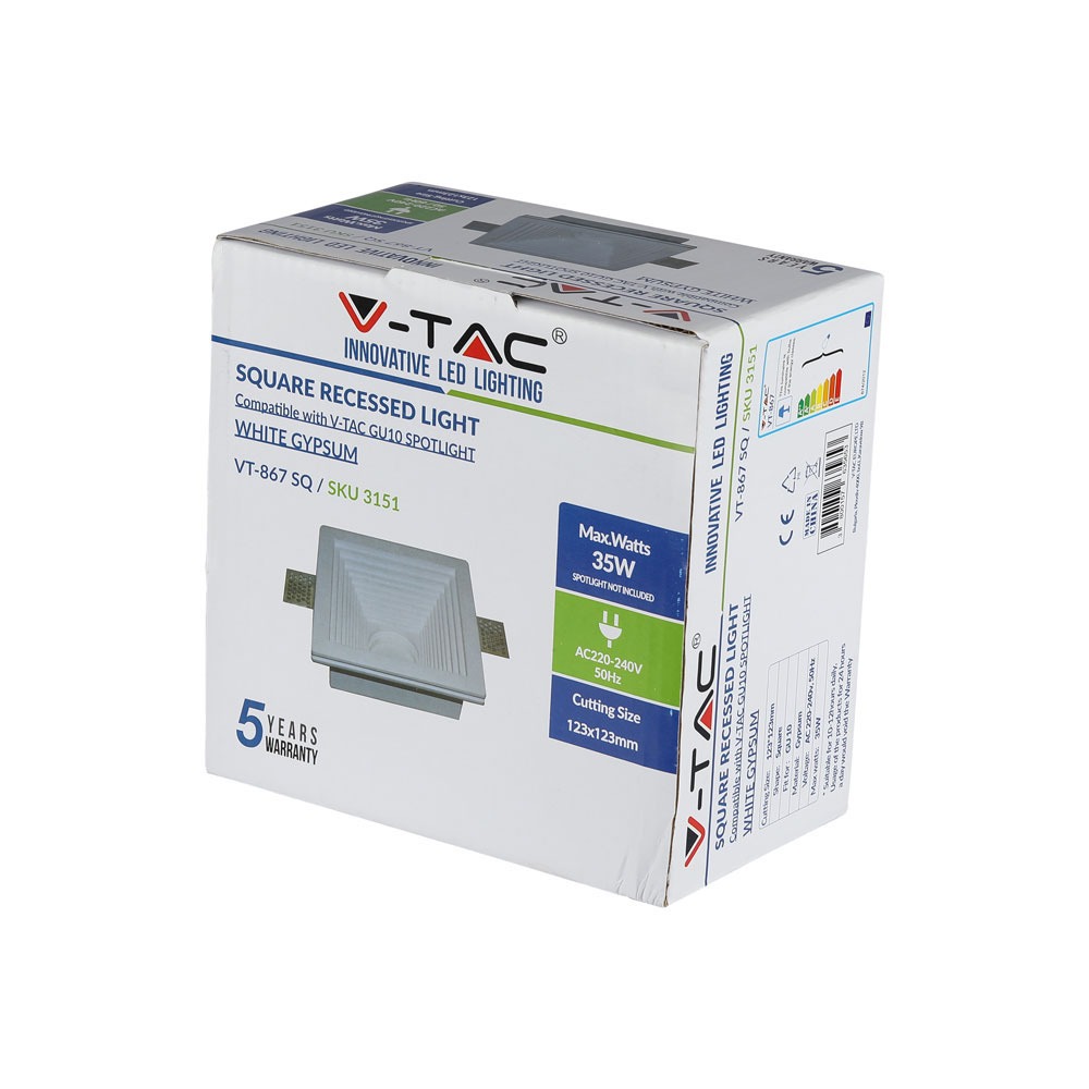 GU10 Fitting Gesso White Recessed Light Quadrato