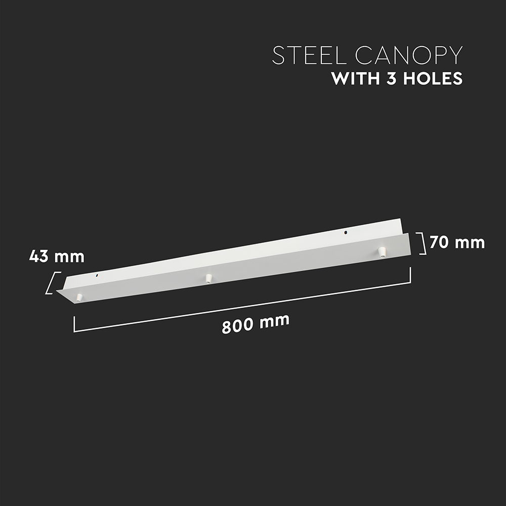 Rosone per Lampadario in Acciaio Lineare 800x70x43mm con 3 Fori Colore Bianco opaco