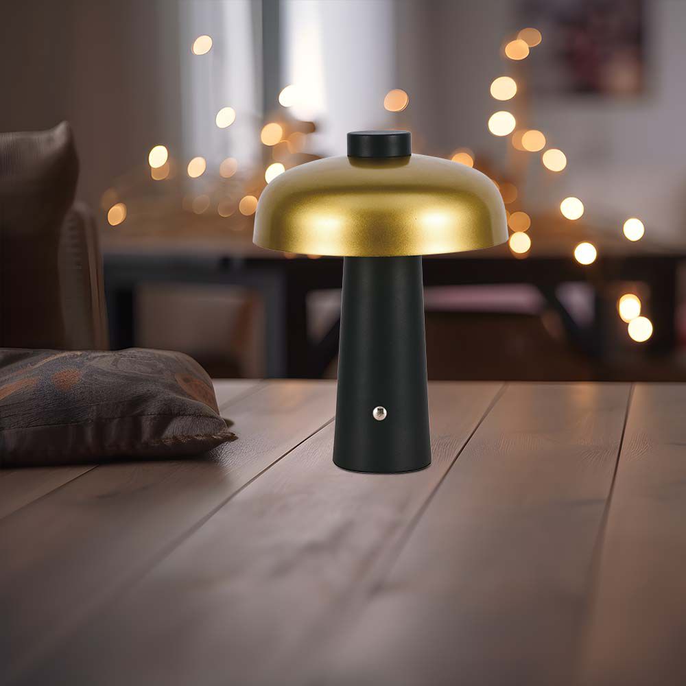 Lampada LED da Tavolo 3W con Batteria 1800mAh Ricaricabile USB C Verniciato Oro e Nero in Metallo Touch Dimmerabile 3in1