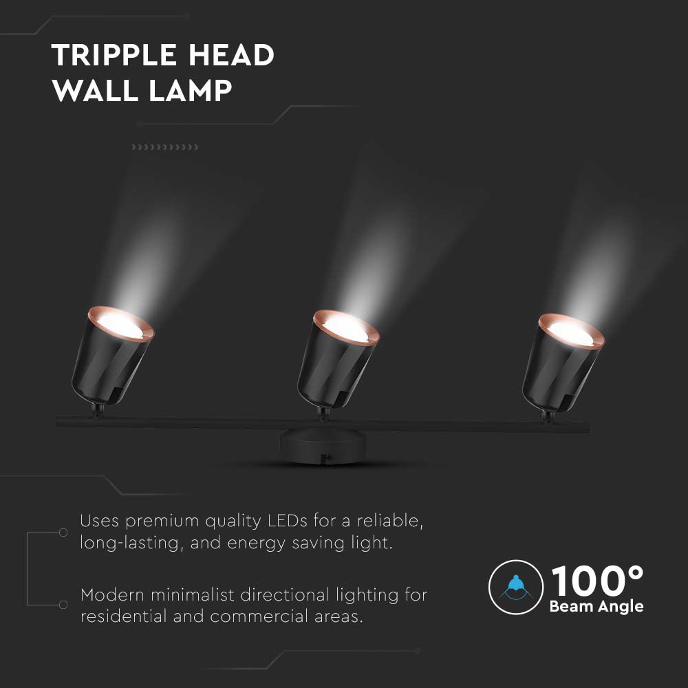 18W Led Wall Lamp Triple Head 4000K Black