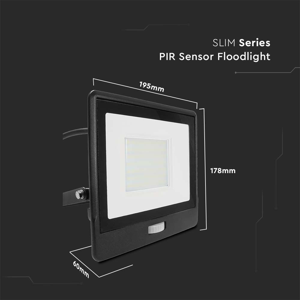 50W LED PIR Sensor Floodlight SAMSUNG CHIP Black Body 6400K 1M Cable