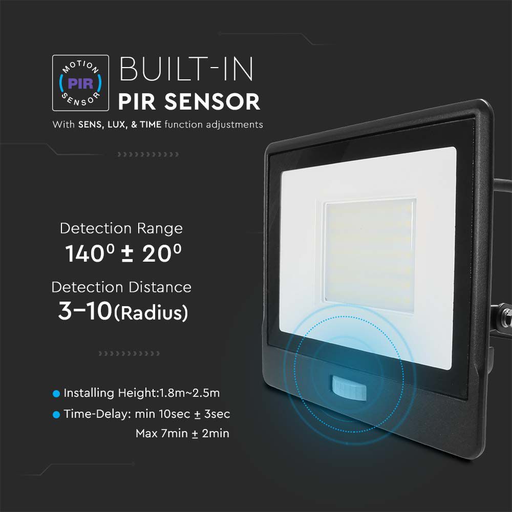 50W LED PIR Sensor Floodlight SAMSUNG CHIP Black Body 6400K 1M Cable img 1