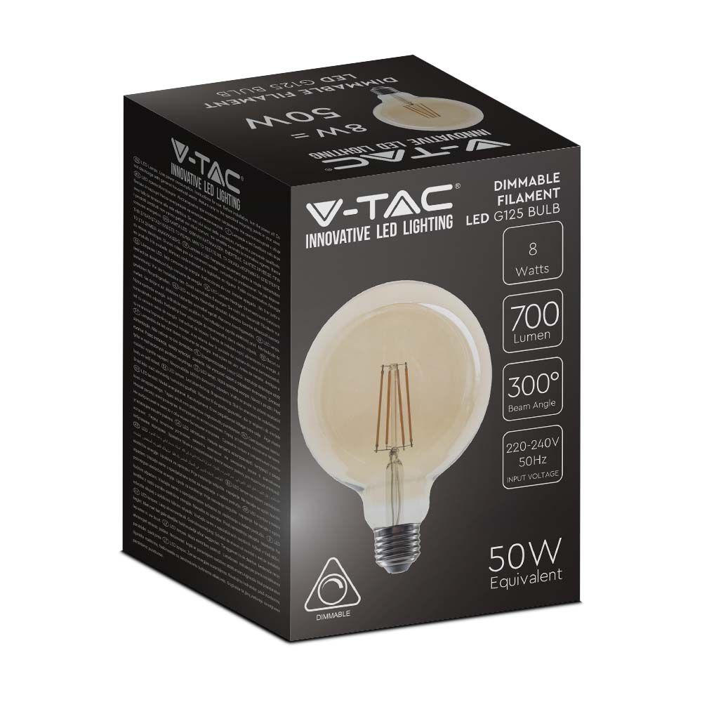 LED - 8W Filament E27 G125 Amber Dimmable 2200K