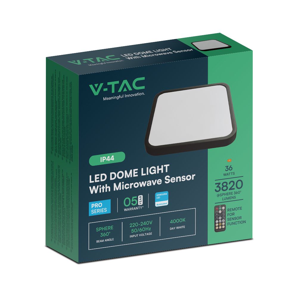 36W LED Dome Light With Sensor SAMSUNG Chip 4000K Square Black Frame IP44