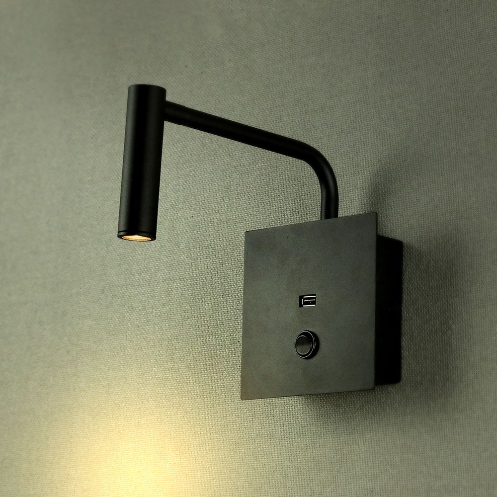 3W LED Hotel Side Light With Switch USB Port Black 3000K