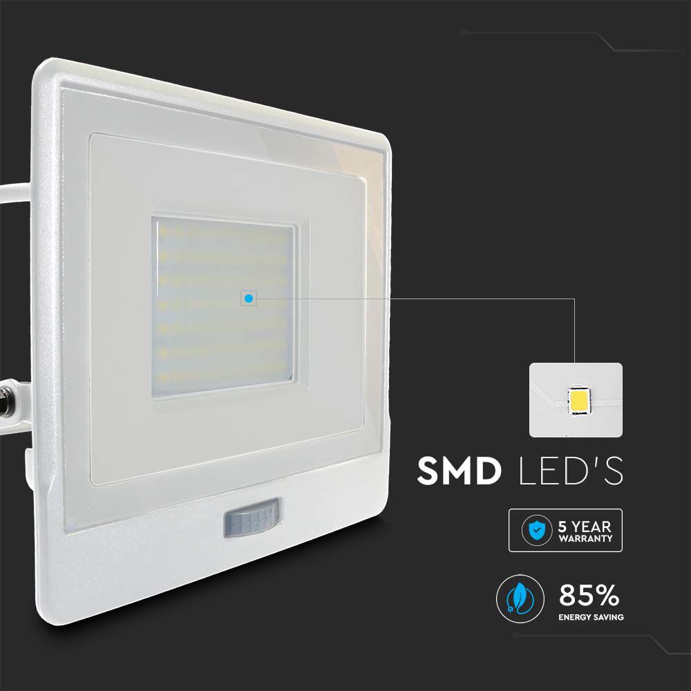 50W LED PIR Sensor Floodlight SAMSUNG CHIP White Body 4000K 1M Cable