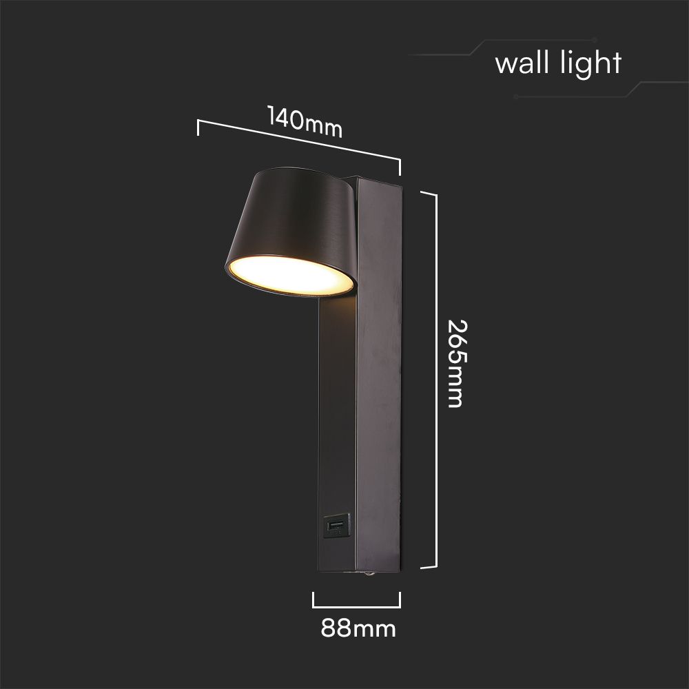 7W LED Wall Light With USB 3000K Acrylic Black
