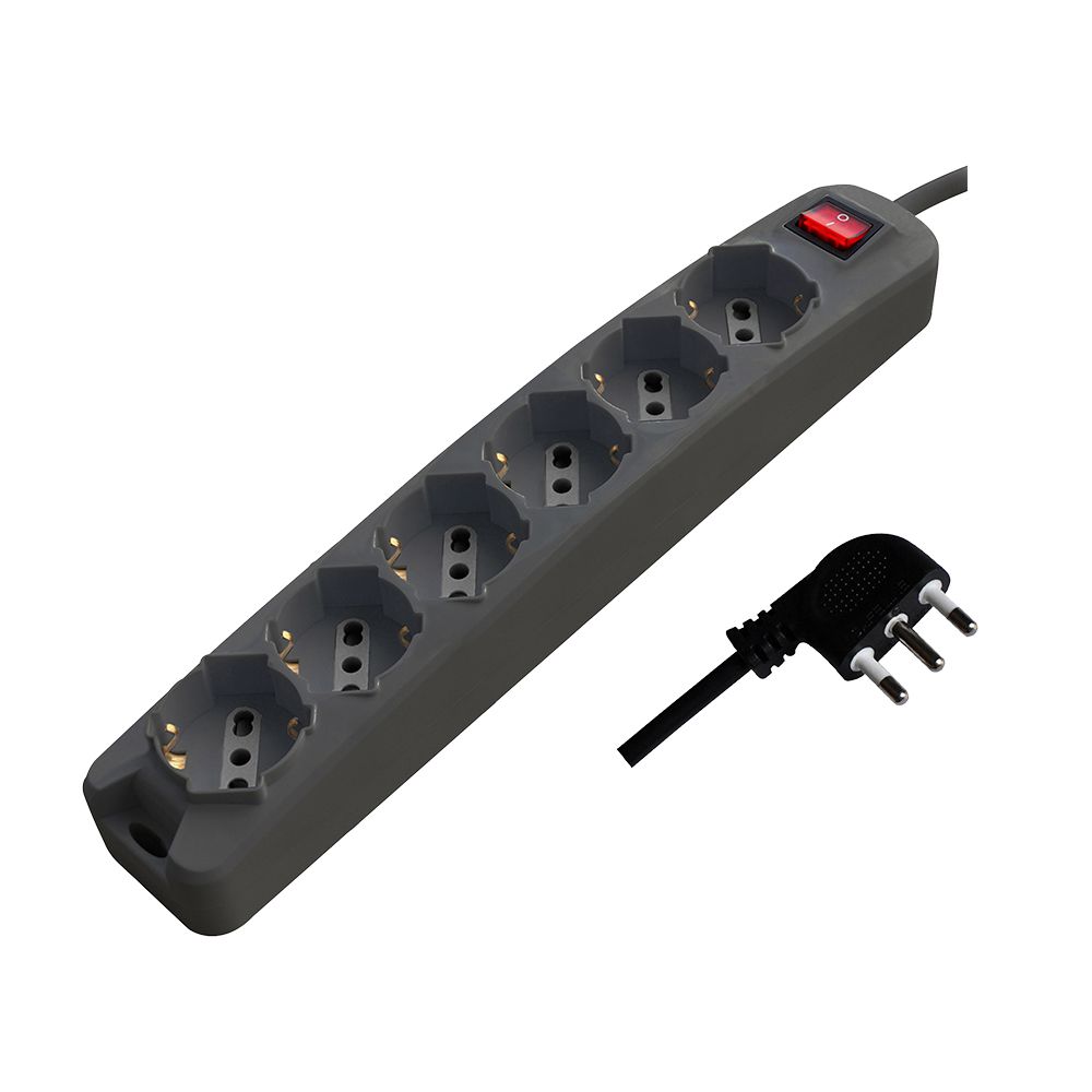 6 Pos Con Interruttore Luminoso 10/16A Bipasso/Schuko 250V~Max:3500W Cavo H05VV-F 3G1.0mmX1.5m Con Spina 16A 2PT Nero