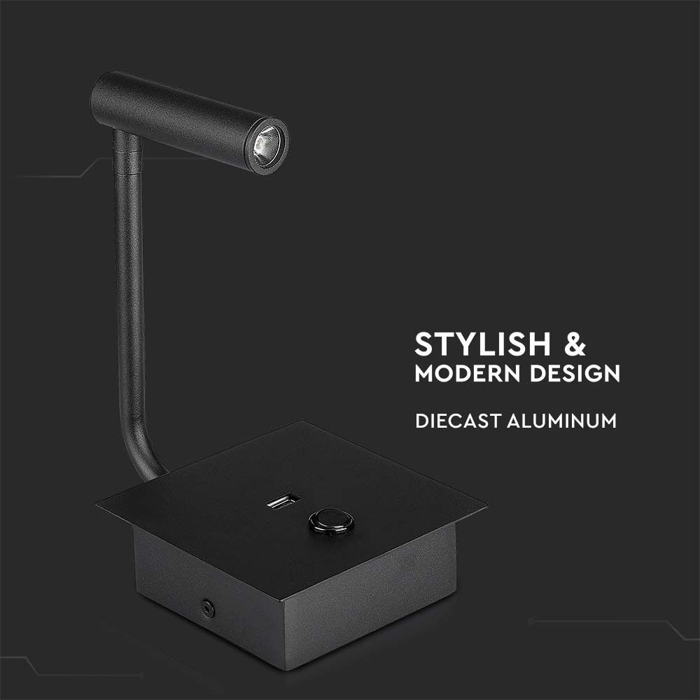 3W LED Hotel Side Light With Switch USB Port Black 3000K