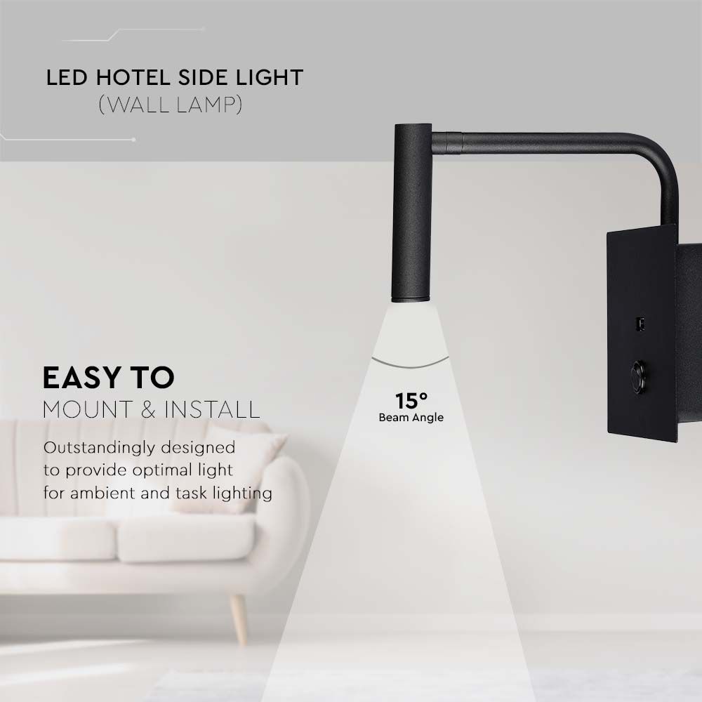 3W LED Hotel Side Light With Switch USB Port Black 3000K img 1