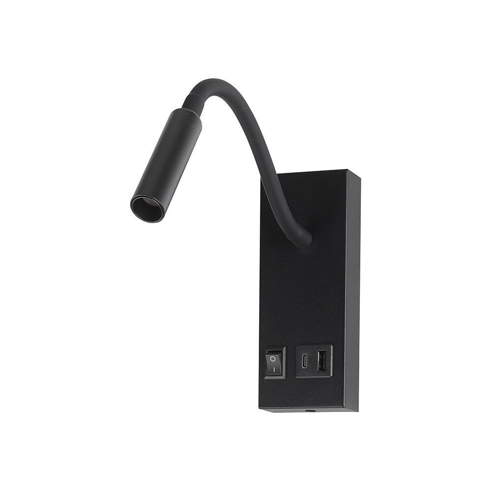 3W LED Bedside Light CREE CHIP With USB Type C Charging Black Body IP20 3000K