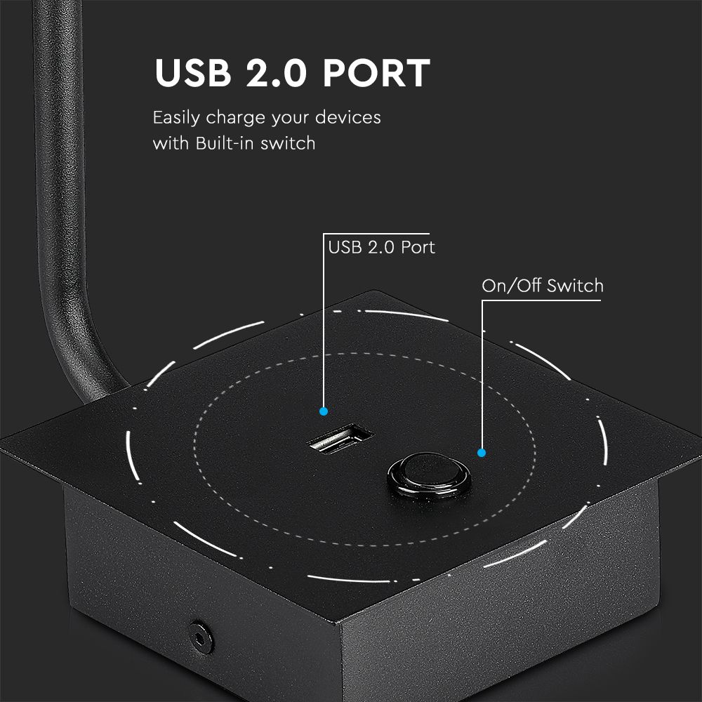 3W LED Hotel Side Light With Switch USB Port Black 3000K img 3