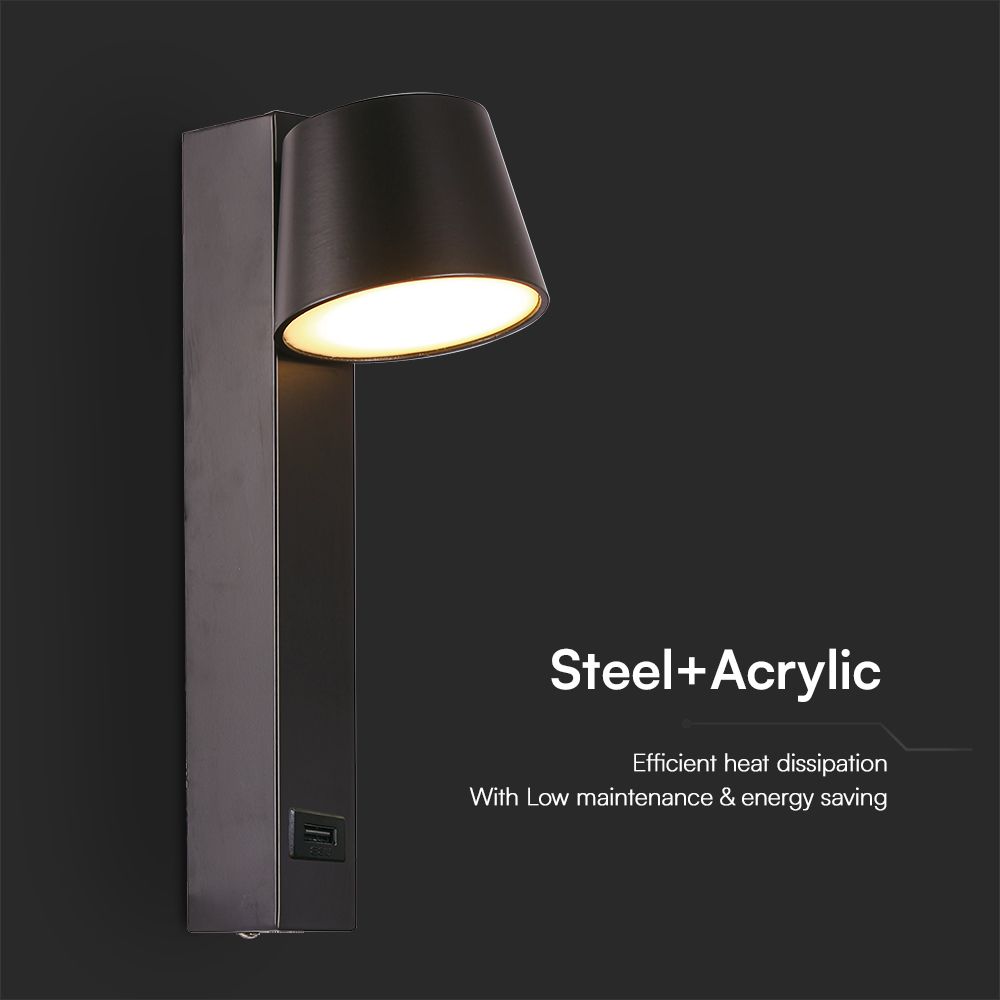 7W LED Wall Light With USB 3000K Acrylic Black img 2