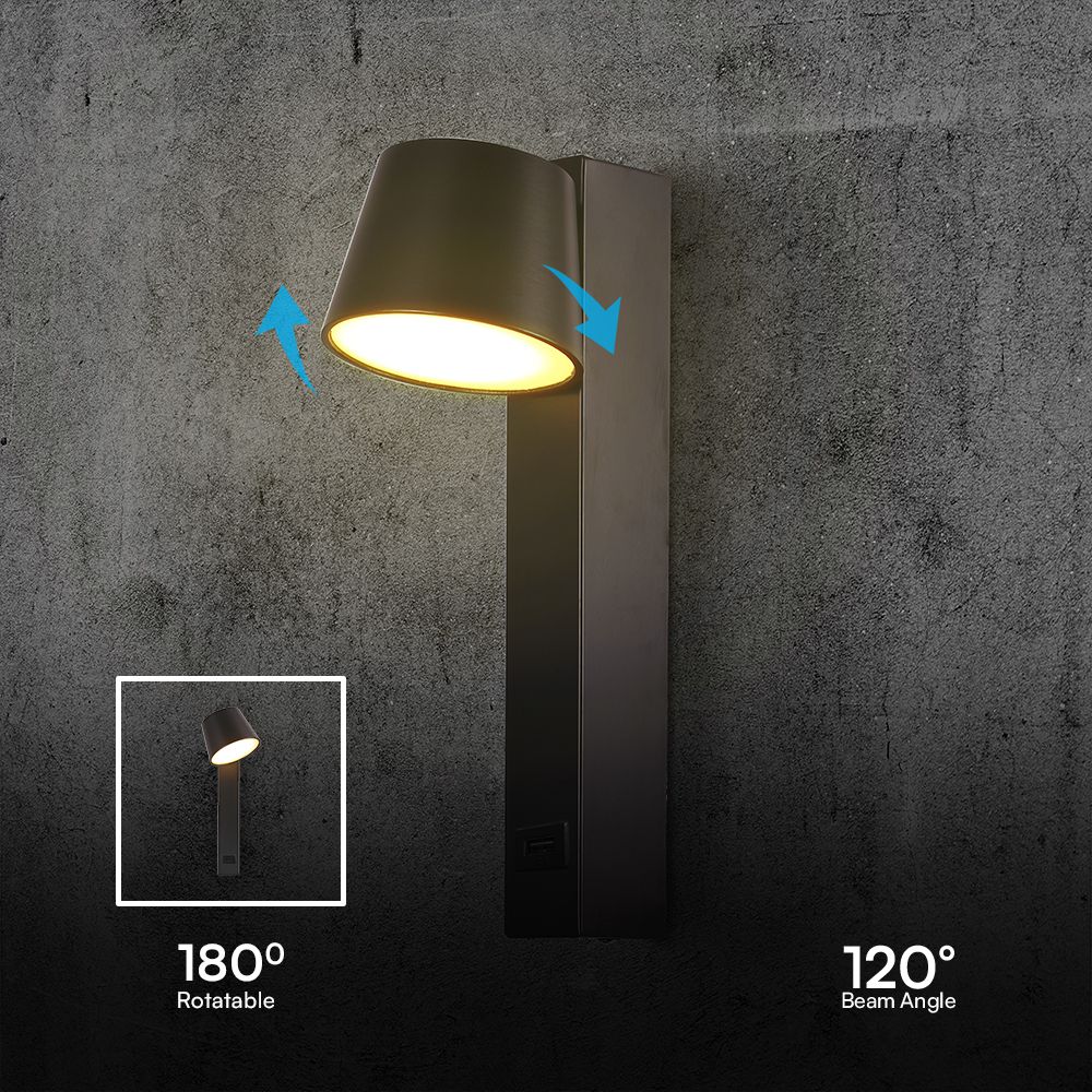 7W LED Wall Light With USB 3000K Acrylic Black img 3