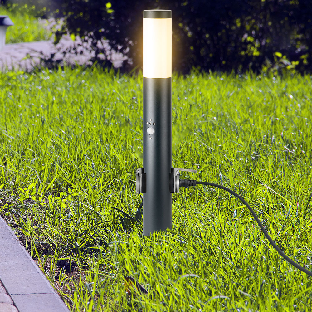 Bollard Lamp 60CM  PIR Sensor With 2 EU Plug Sockets  Stainless Steel Grey IP44