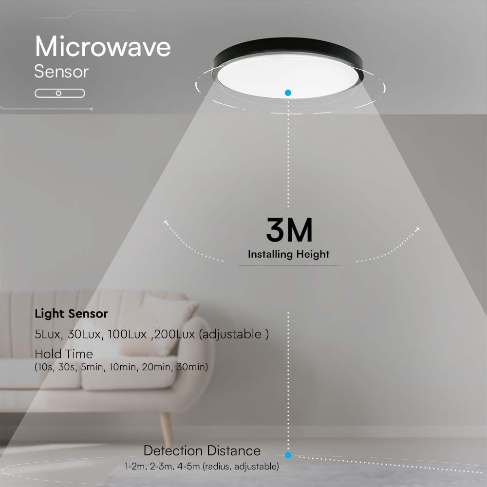 30W LED Dome Light Round Microwave Sensor Black Frame 4000K IP44 img 2