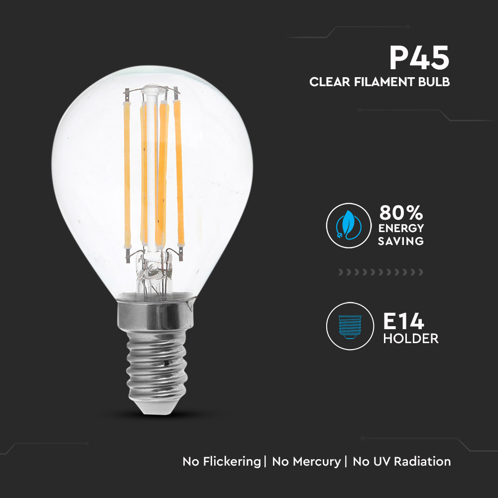 LED Bulb - 6W Filament E14 P45 Clear Cover 3000K