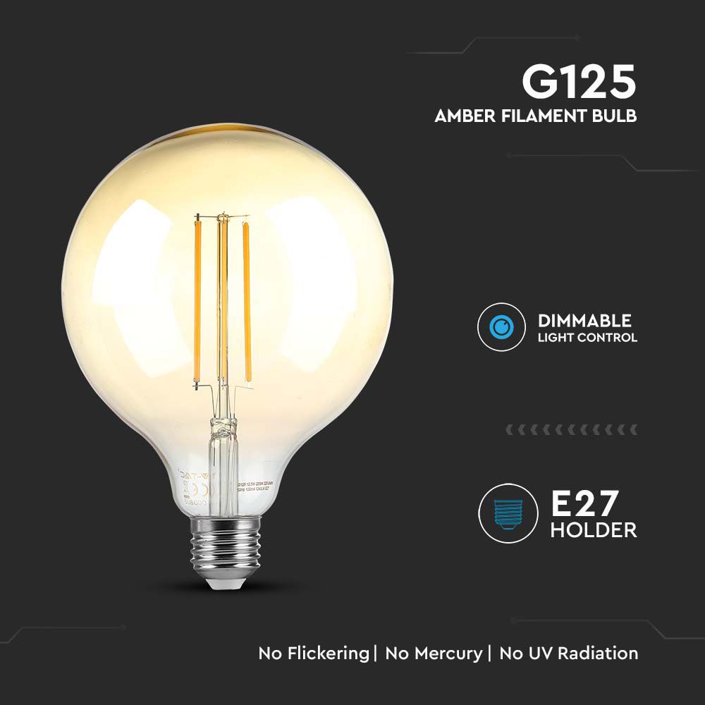LED - 8W Filament E27 G125 Amber Dimmable 2200K