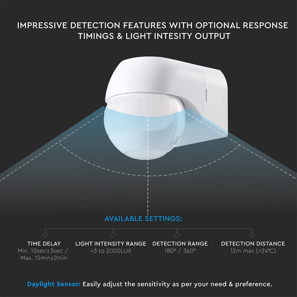 PIR WALL Sensor 180º/360º White Body IP44 MAX 600W img 2