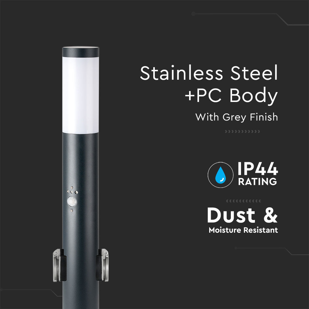 Bollard Lamp 60CM  PIR Sensor With 2 EU Plug Sockets  Stainless Steel Grey IP44