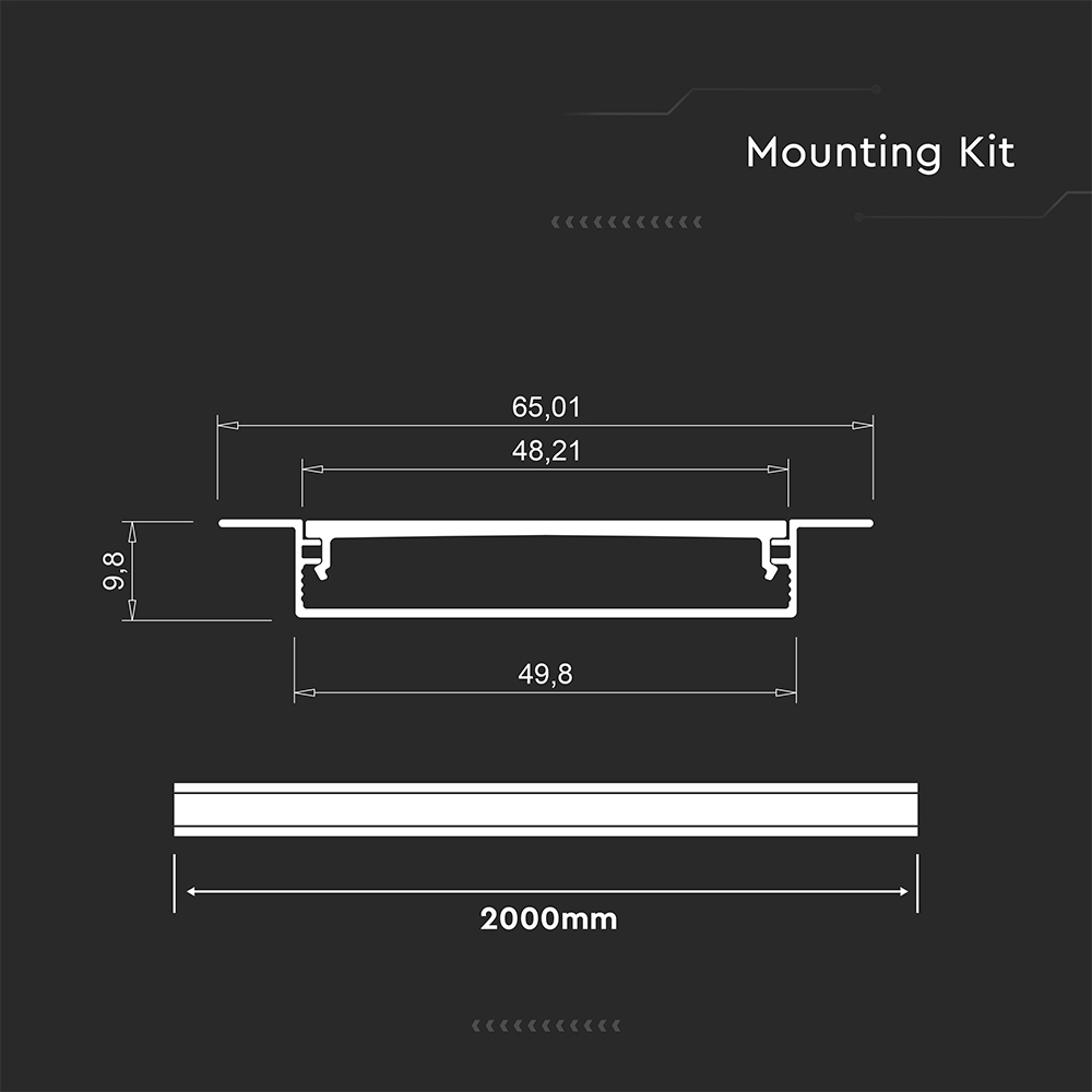 LED Strip Mounting Kit With Diffuser Recessed 2000*50*10mm