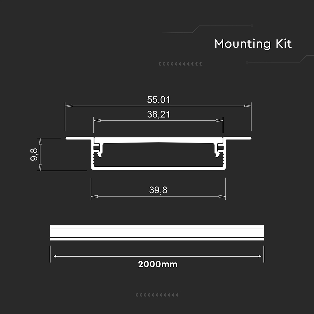 LED Strip Mounting Kit With Diffuser Recessed 2000*40*10mm