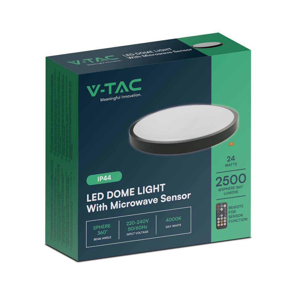 24W LED Dome Light Round Microwave Sensor Black Frame 4000K IP44