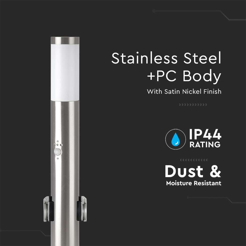 Bollard Lamp 60CM  PIR Sensor With 2 EU Plug Sockets  Stainless Steel Satin Nickel IP44