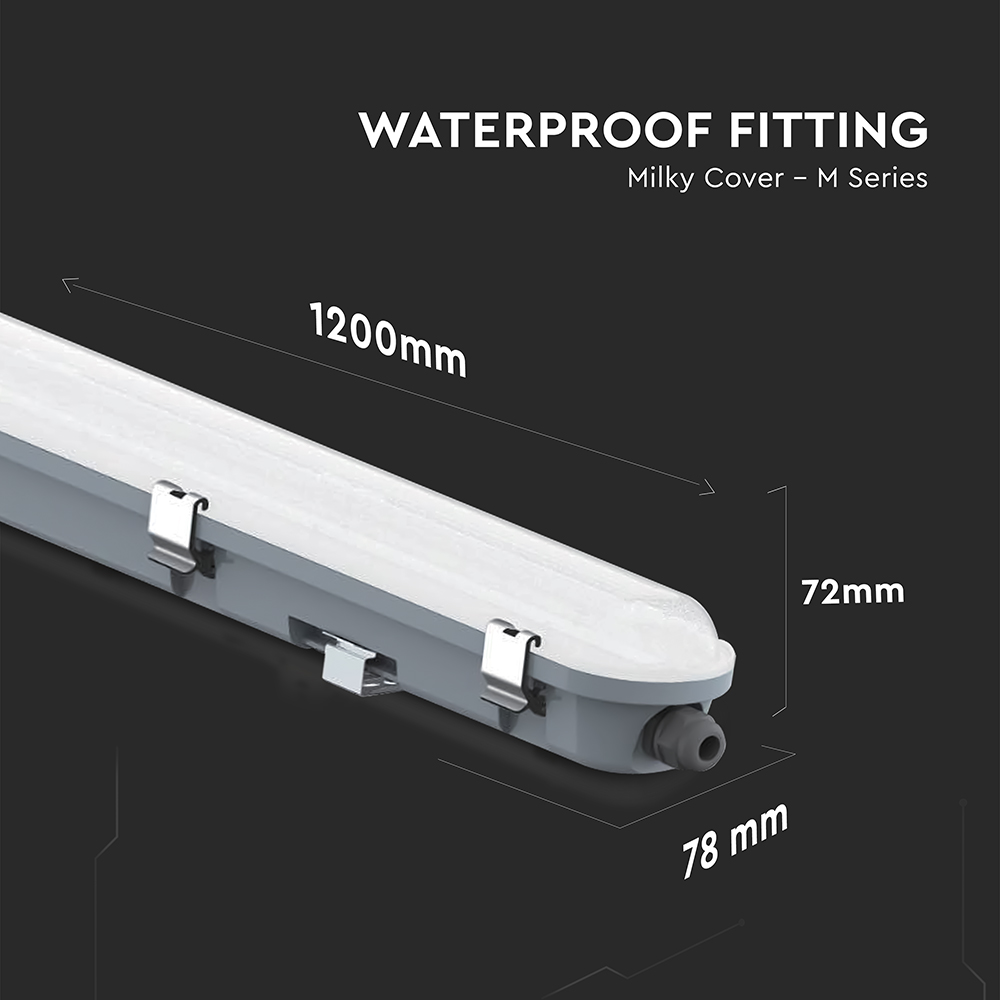 LED Waterproof Fitting Milky Cover 1200mm 36W Sensor+SS Clips 4000K