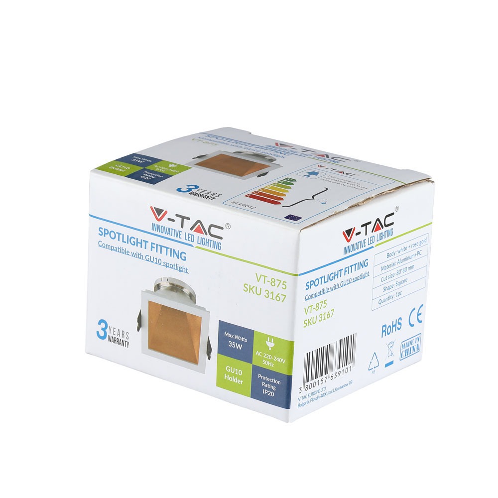 GU10 Fitting White+Rose Gold Square