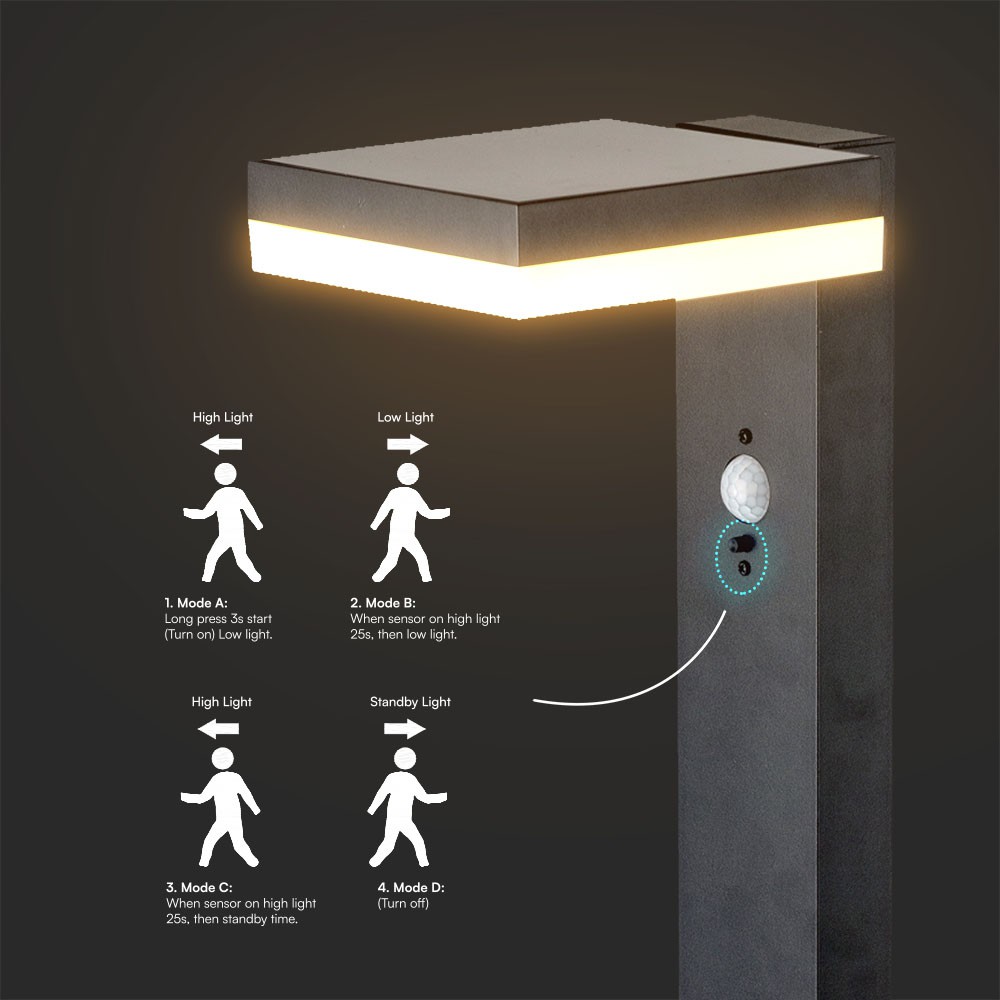 5.5W LED Solar Bollard Lamp With Pir Sensor & Battery 2200MA LI 3.7V img 3