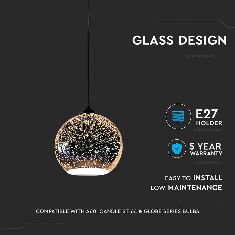 Pendante Light Holder E27 3D Glass Lampshade 250mm