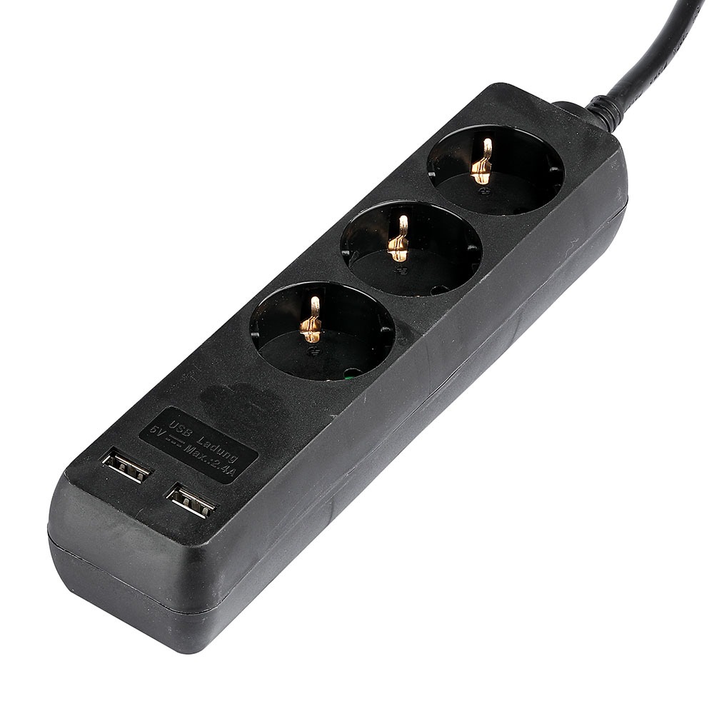 3 Ways Socket 2 USB Black Cable 1.5m img 2