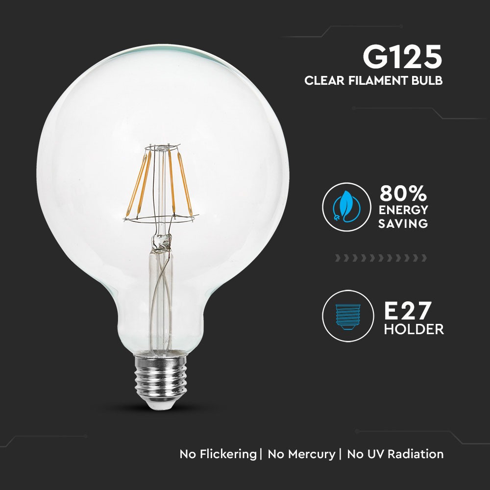 LED Lampadina 6W Filamento E27 G125 Vetro trasparente 6400K