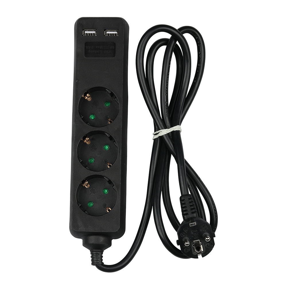 3 Ways Socket 2 USB Black Cable 1.5m img 3