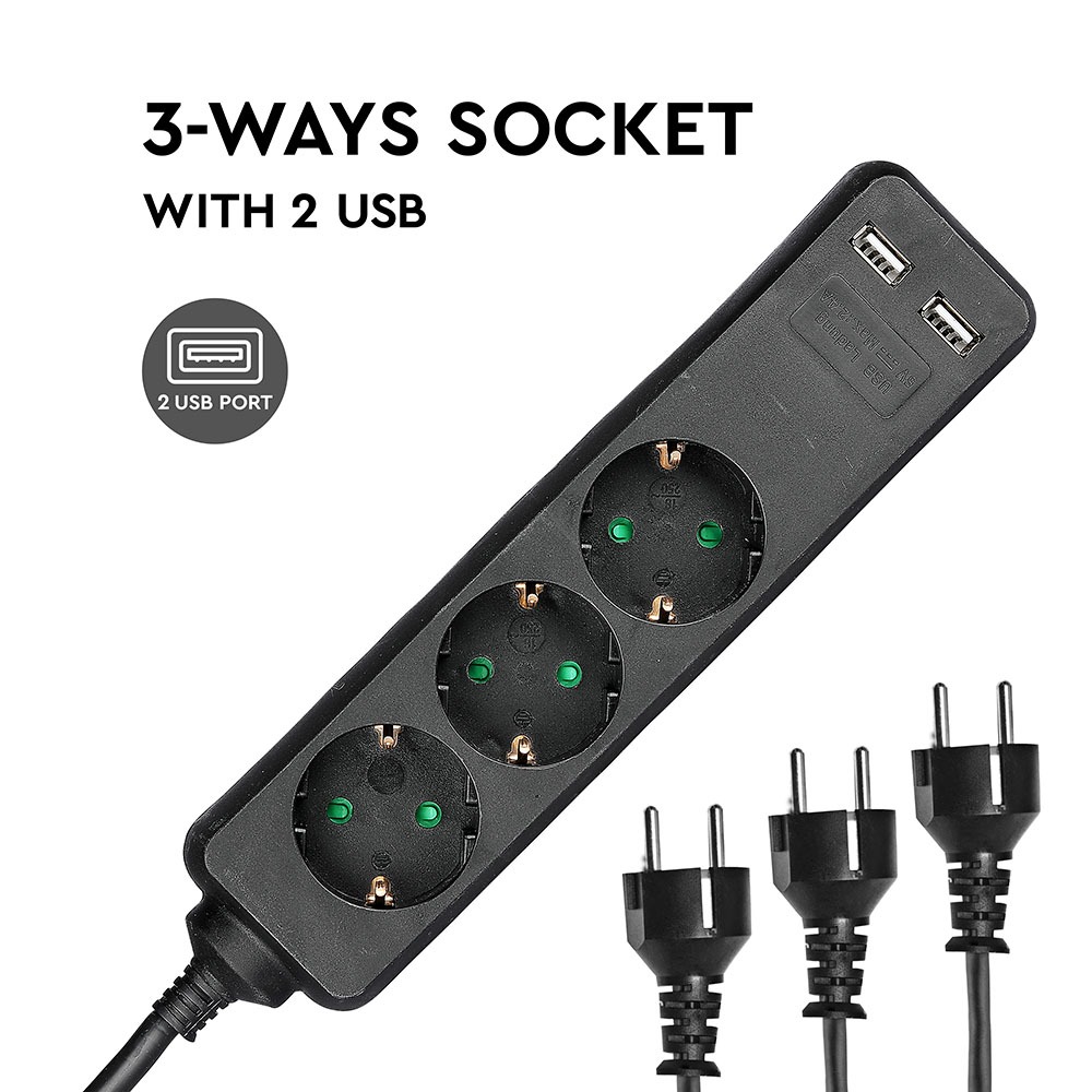 3 Ways Socket 2 USB Black Cable 1.5m