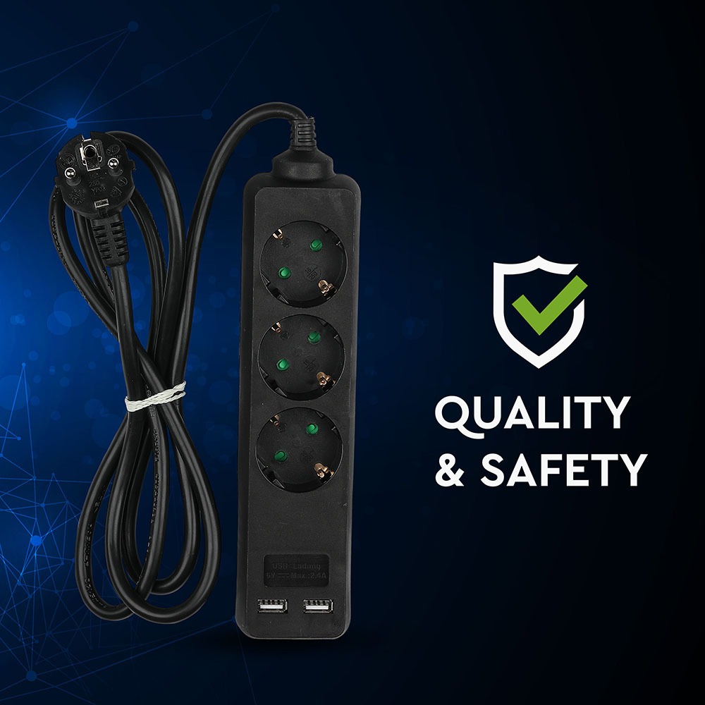 3 Ways Socket 2 USB Black Cable 1.5m img 3