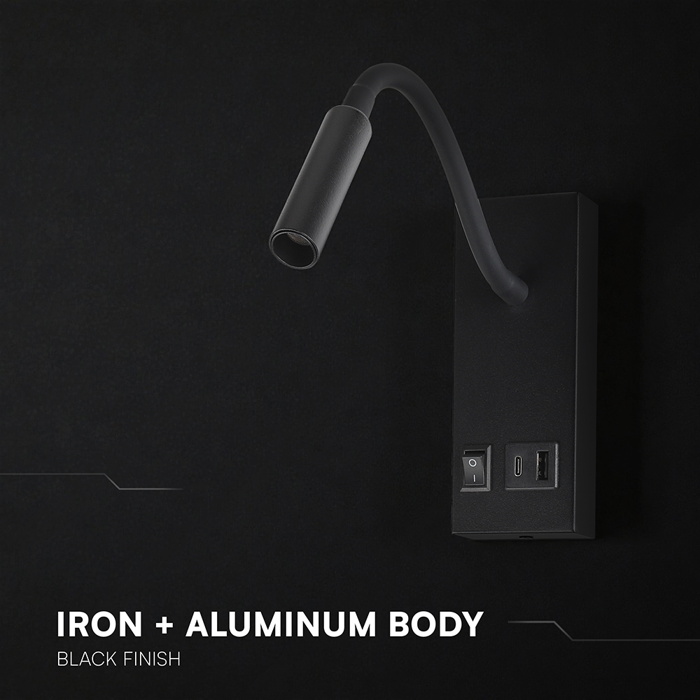 3W LED Bedside Light CREE CHIP With USB Type C Charging Black Body IP20 3000K img 1