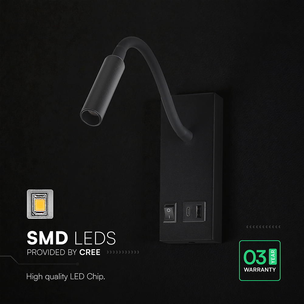 3W LED Bedside Light CREE CHIP With USB Type C Charging Black Body IP20 3000K img 2
