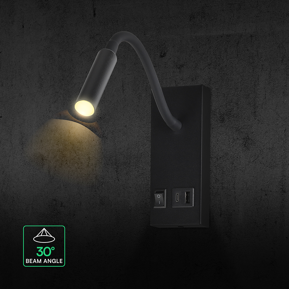 3W LED Bedside Light CREE CHIP With USB Type C Charging Black Body IP20 3000K img 3