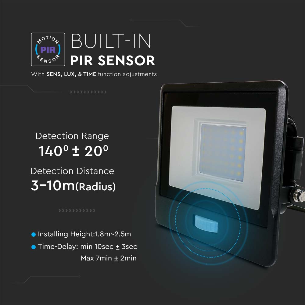30W LED PIR Sensor Floodlight SAMSUNG CHIP Black Body 4000K img 1