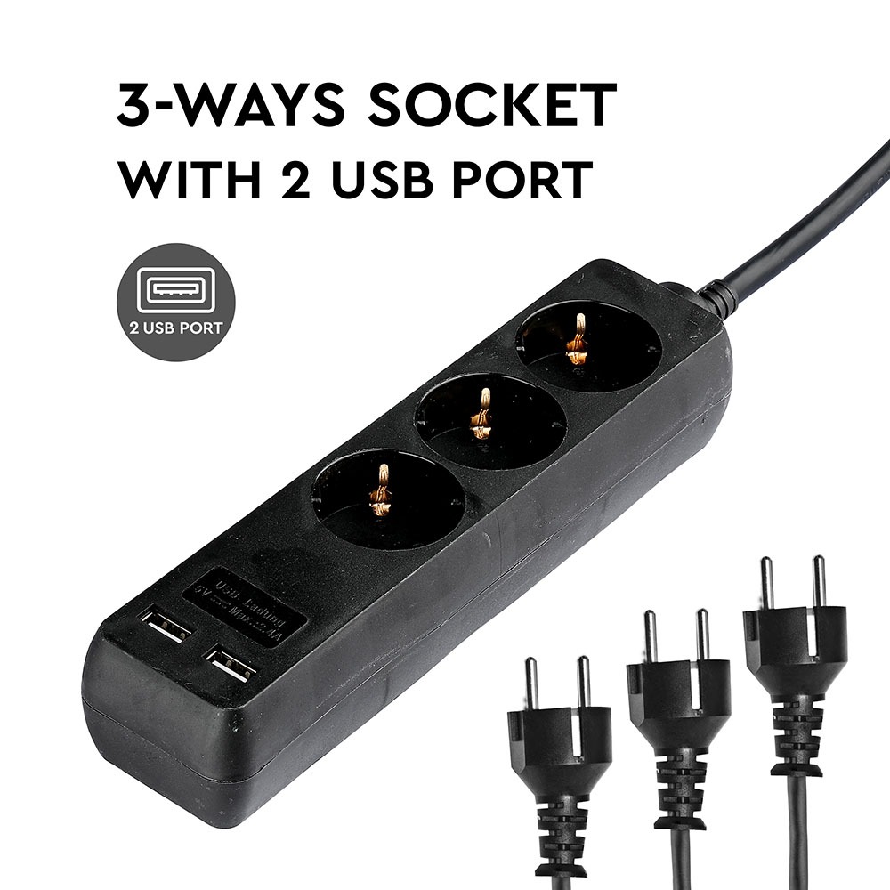 3 Ways Socket 2 USB Black Cable 5m