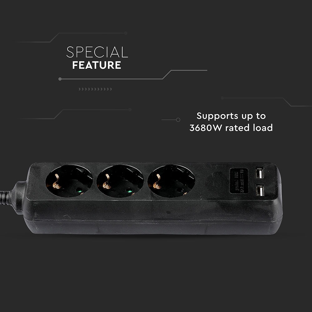 3 Ways Socket 2 USB Black Cable 5m img 2
