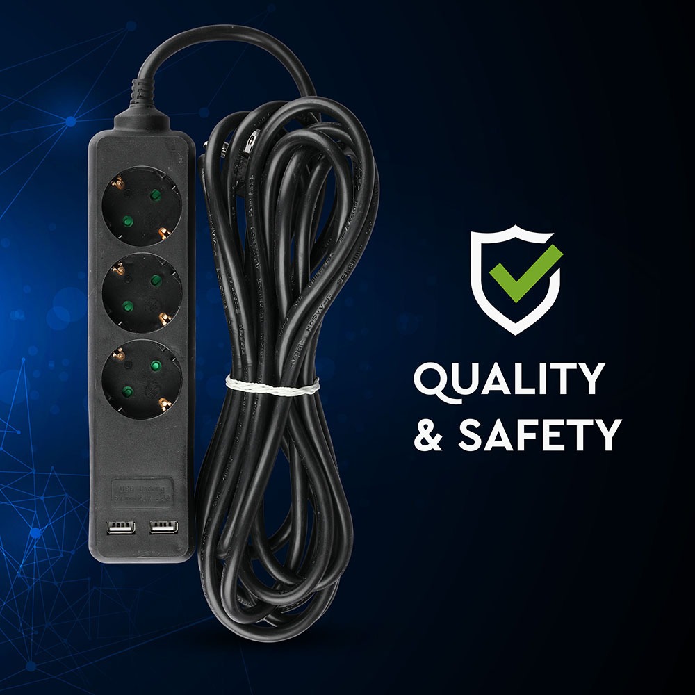 3 Ways Socket 2 USB Black Cable 5m img 3