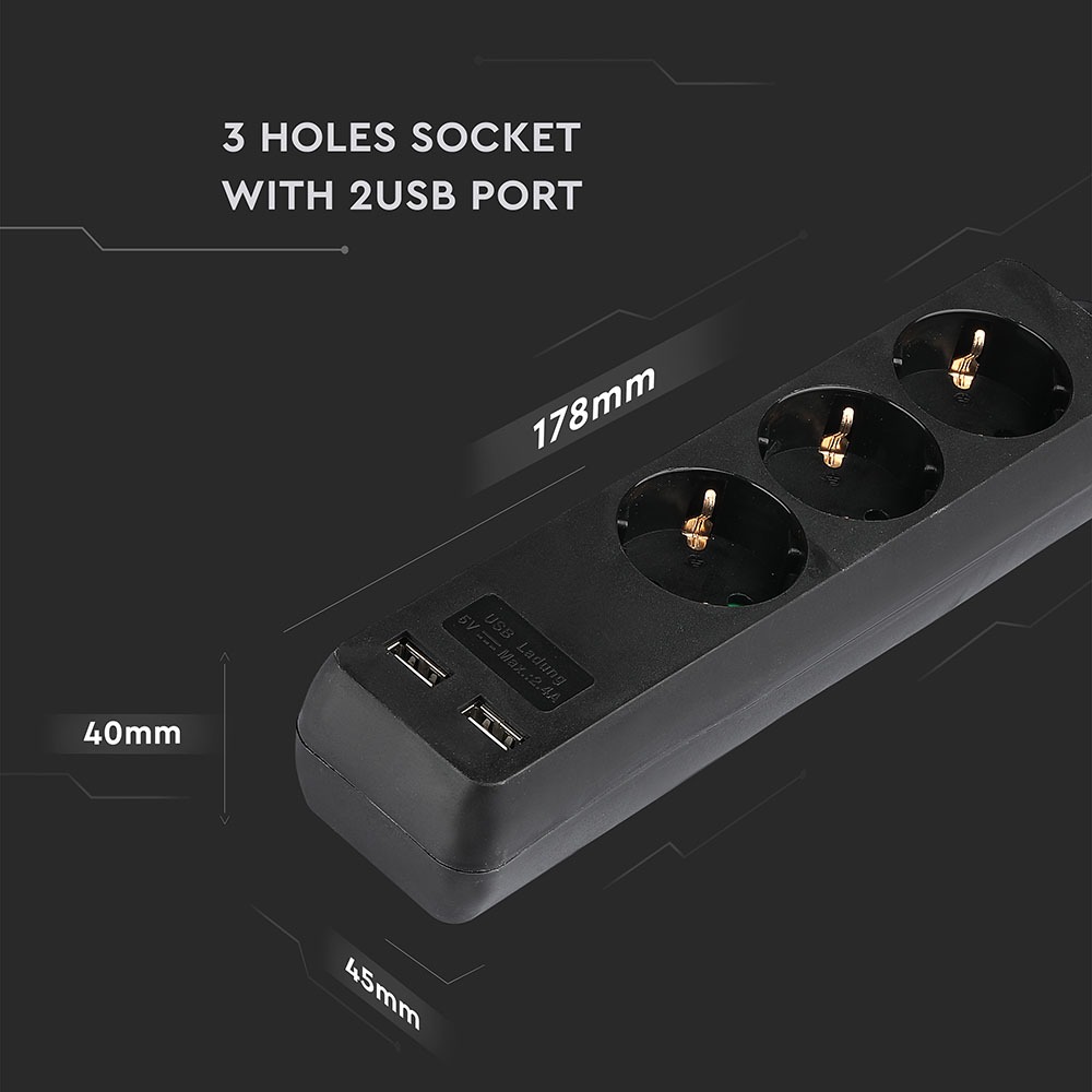 3 Ways Socket 2 USB Black Cable 5m