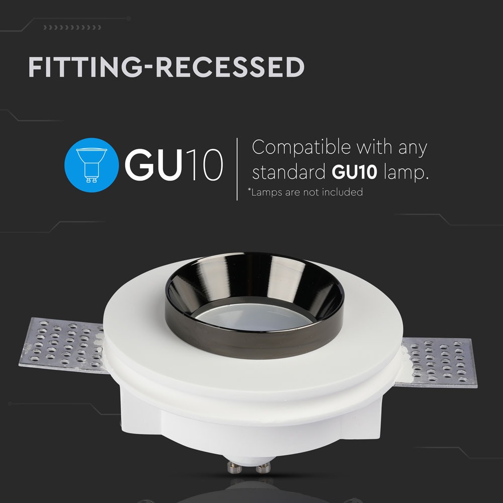 GU10 Fitting Gesso White Recessed Light Black Metal Rotondo