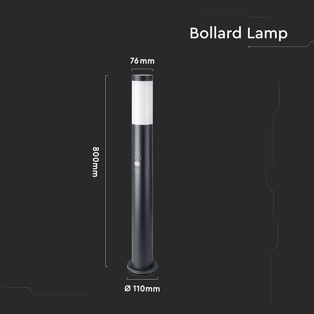 Bollard Lamp 80CM With PIR Sensor Stainless Steel Body Black IP44