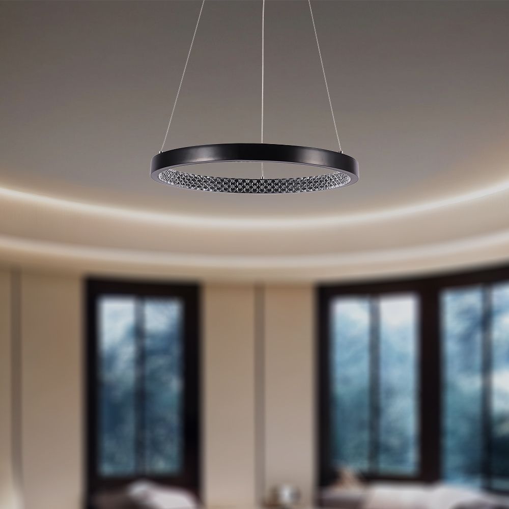 Lampadario LED a Sospensione Circolare 19W in Metallo Colore Nero d: 40cm h: 108cm 3000K